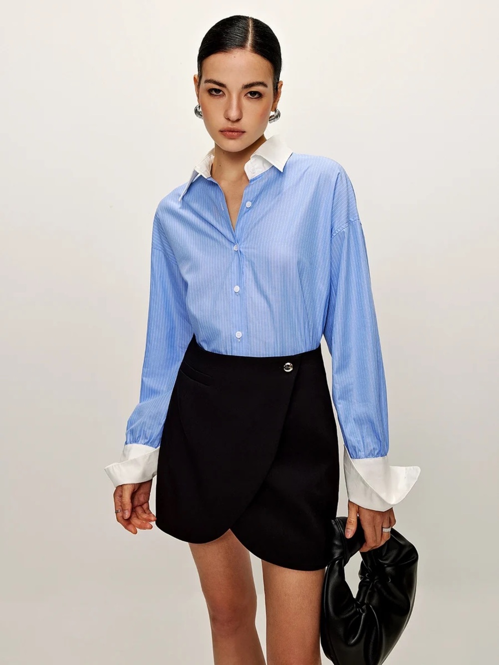 Commense Patchwork Pinstripe Lapel Shirt